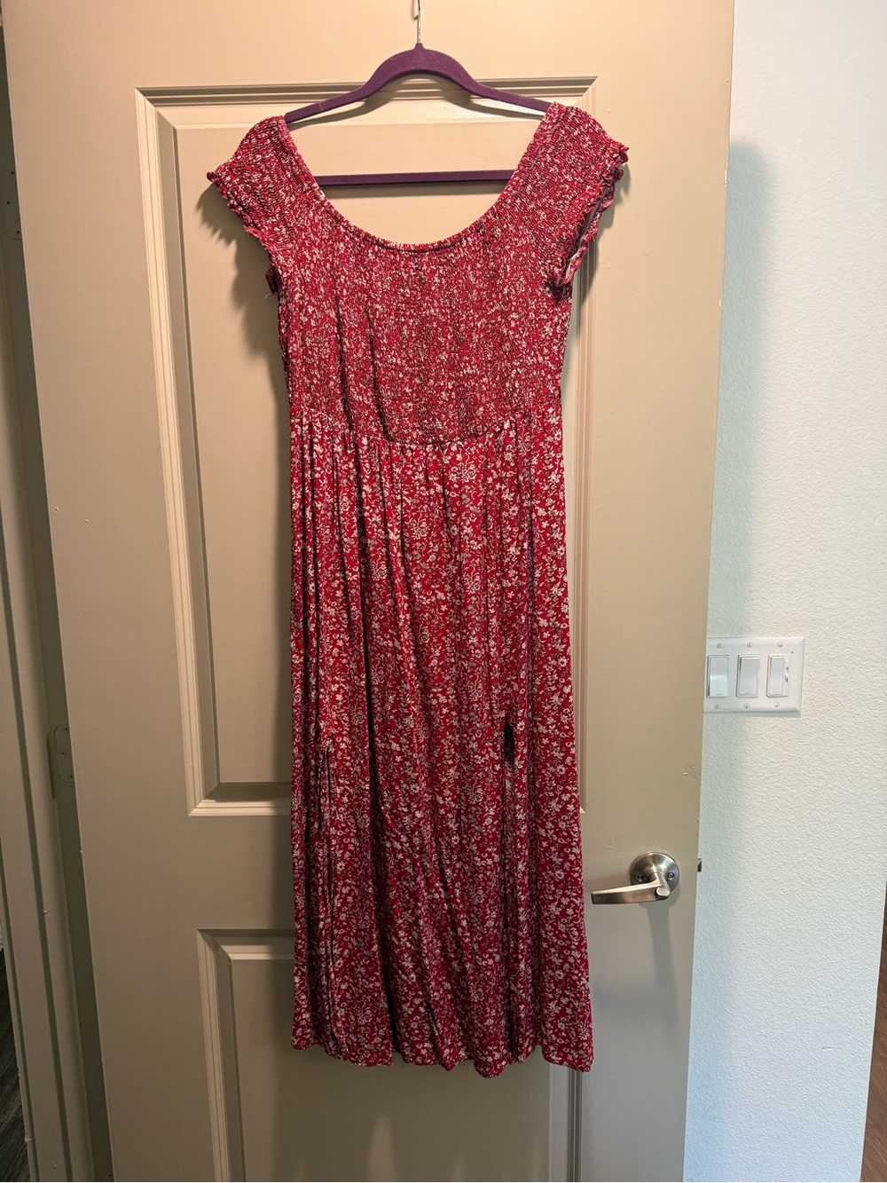 SHEIN Curve 1XL Red Floral Smocked Maxi Dress Double Slit